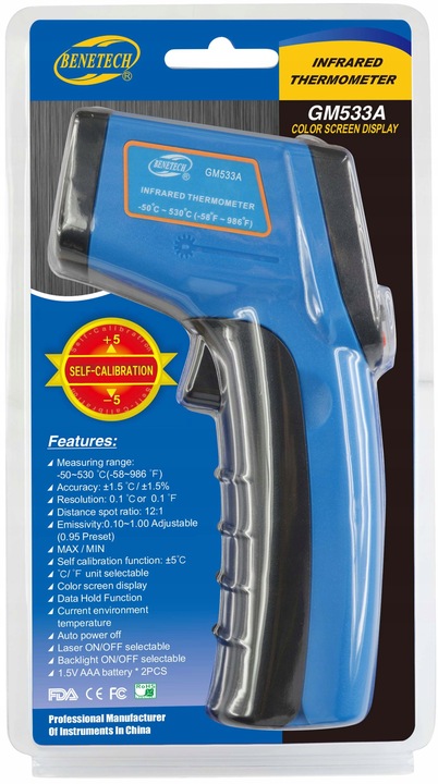 PIROMETR TERMOMETR LASEROWY BEZDOTYKOWY NA PODCZERWIEŃ EMISYJNOŚĆ -50+530°C