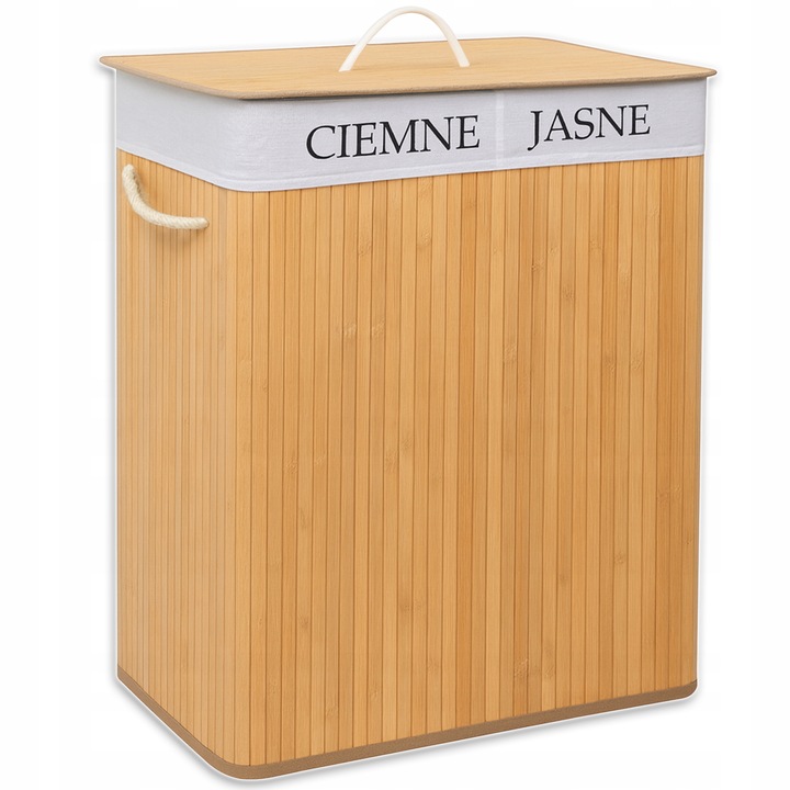 KOSZ BAMBUSOWY NA PRANIE BIELIZNĘ ZAMYKANY DWUKOMOROWY POJEMNIK WĄSKI 100L