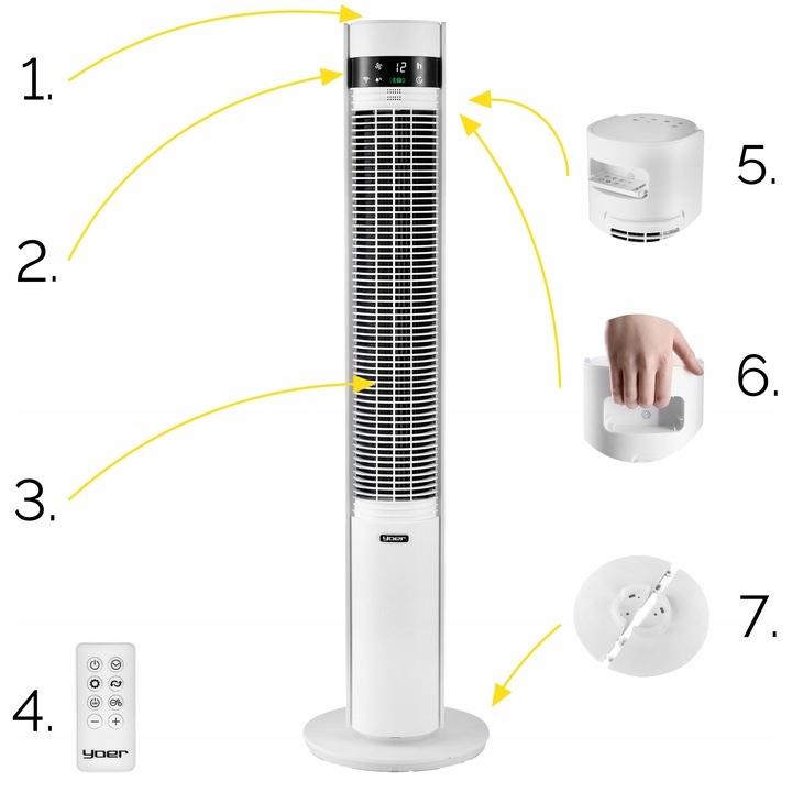 Wentylator kolumnowy stojący Cichy 19dB Yoer +12m zasięg 12 mocy