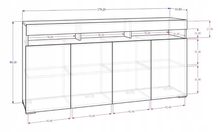 Duża Komoda LUNA 4D 180 Dąb Craft Biała LED
