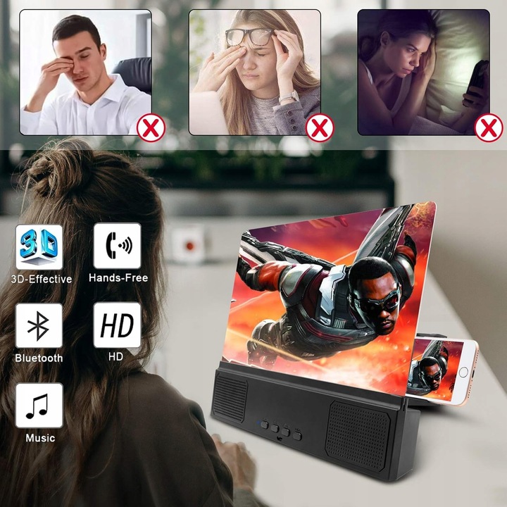 Szkło Powiększające Lupa 3D Ekran 12 Głośnik Bluetooth 2w1 Składany Uchwyt