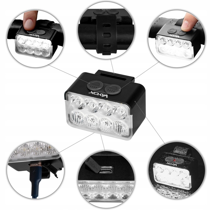 LAMPKA ROWEROWA PRZÓD 8xLED MOCNA JASNA 900LM OŚWIETLENIE ROWER USB-C VAYOX