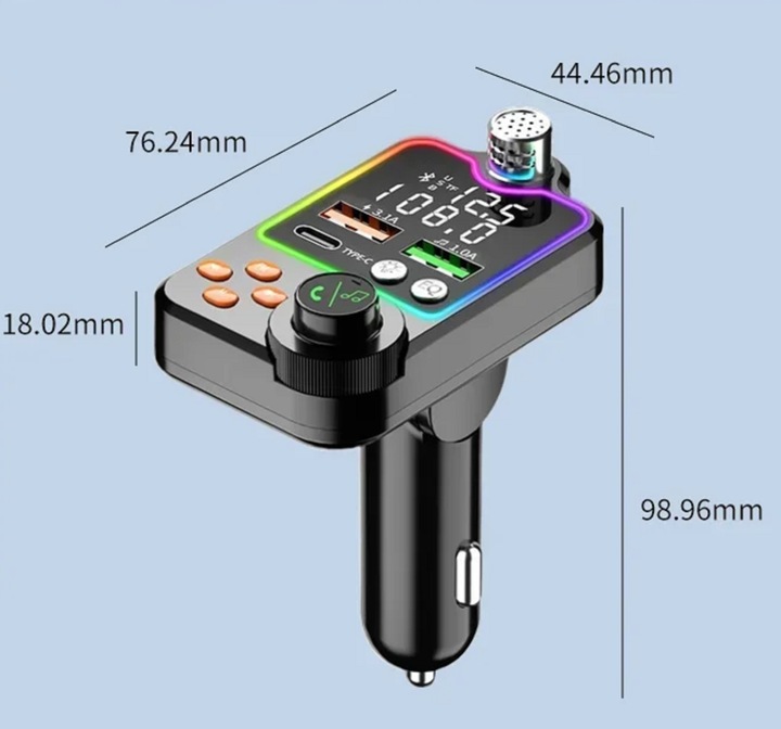 TRANSMITER FM ZESTAW GŁOŚNOMÓWIĄCY BT 5.0 ŁADOWANIE QC 3x USB PD RGB AUDIO