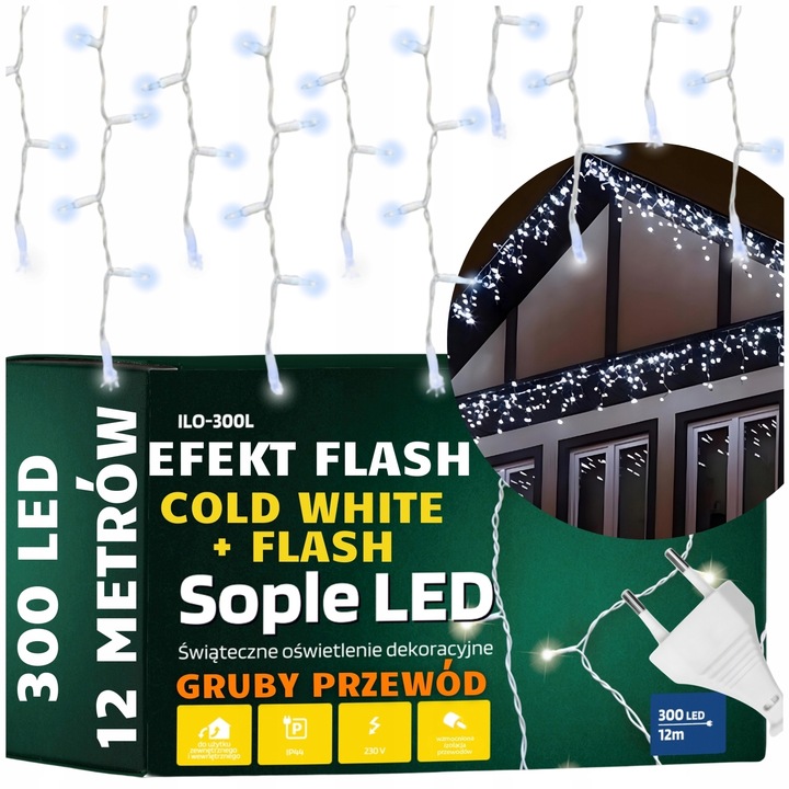 SOPLE ZEWNĘTRZNE IP44 LAMPKI LED ŚWIĄTECZNE 300LED 12M FLASH GRUBE PRZEWODY