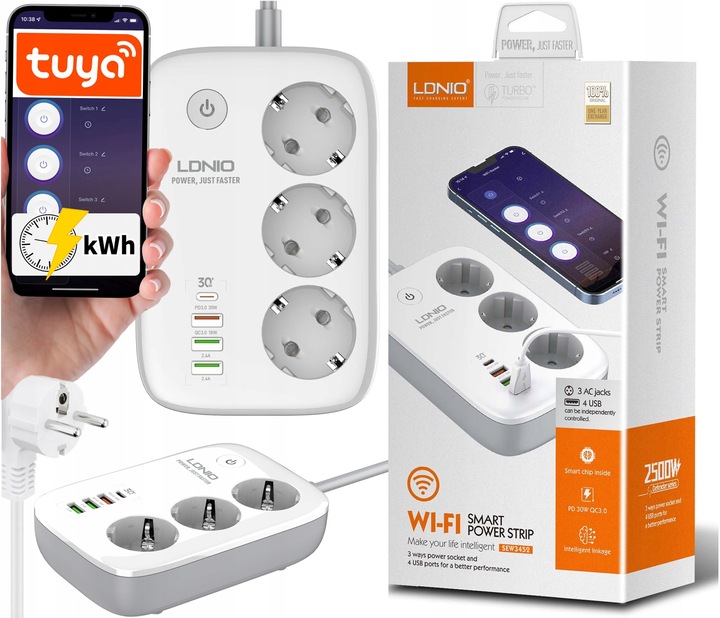 Listwa zasilająca SMART WiFi USB TUYA QC3.0 PD LED