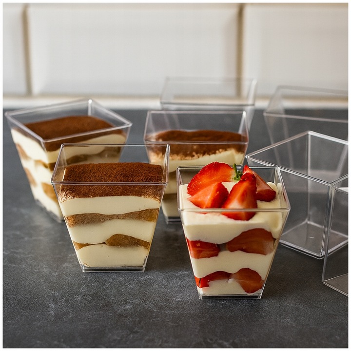 PUCHARKI DO DESERÓW LODÓW PLASTIKOWE NA PRZEKĄSKI DESER 50szt 120ml KWADRAT