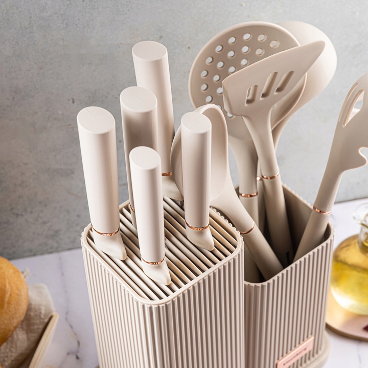 Komplet 5 Noży + Zestaw 5 przyborów kuchennych + deska do krojenia + Stojak