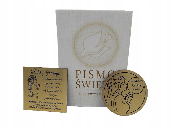 PISMO ŚWIĘTE NA KOMUNIĘ BIBLIA Z GRAWEREM PAMIĄTKA PIERWSZEJ KOMUNII CHRZTU