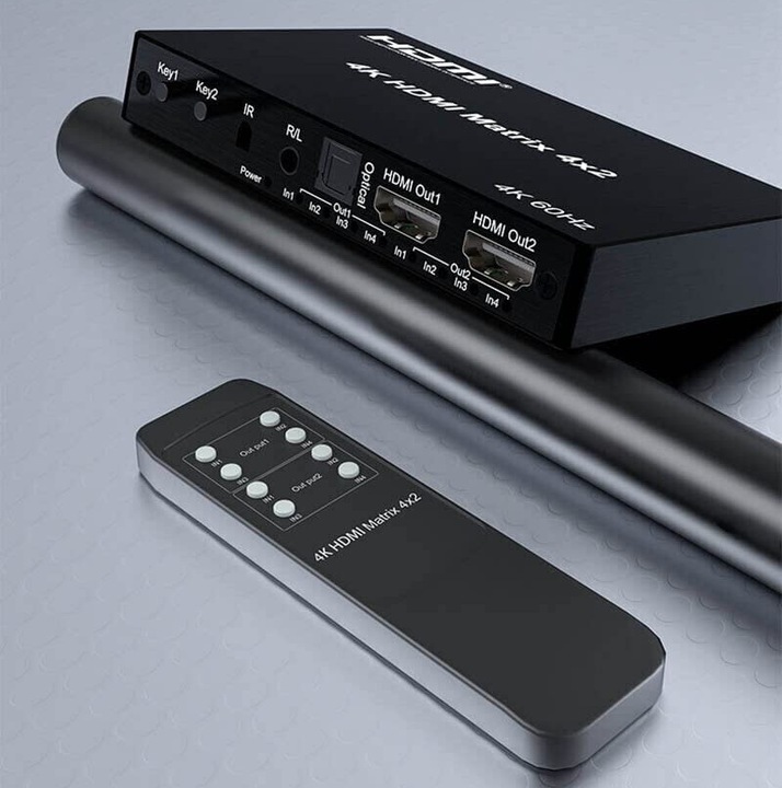 Matrix HDMI Switch Splitter 4x2 4K HDCP Rozdzielacz Toslink Jack + Pilot IR