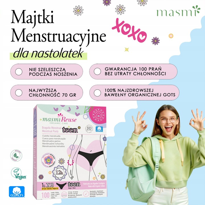 Majtki menstruacyjne ekologiczne Masmi DLA NASTOLATEK XS 100% bawełna BIO
