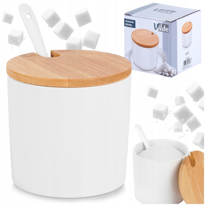 Cukierniczka CERAMICZNA BAMBUSOWA biała pojemnik na cukier z łyżeczką