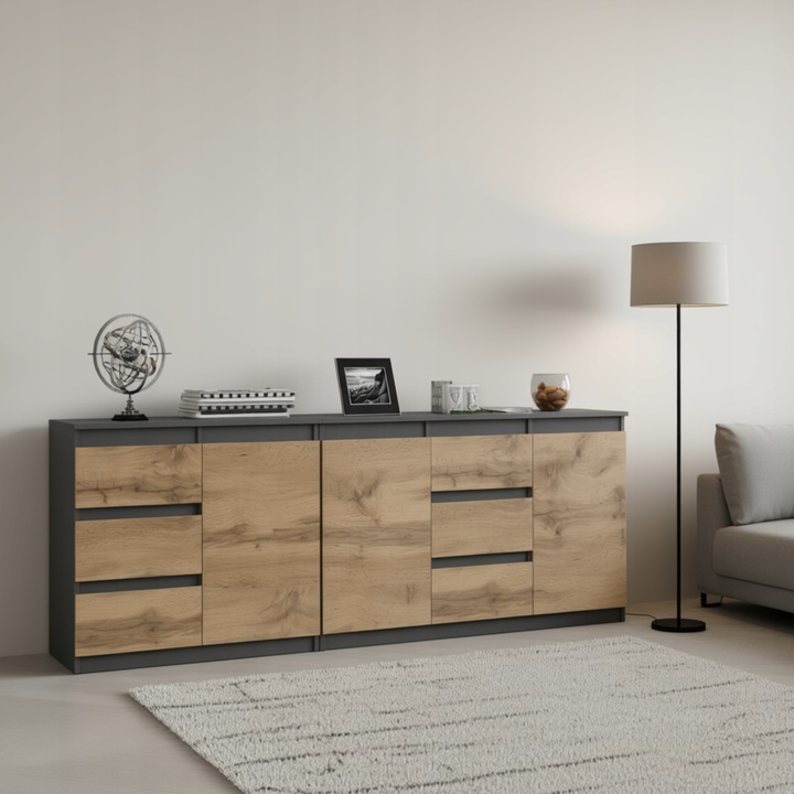 Komoda Szafka Zestaw 2szt POJEMNA Szuflady Grafit Dąb Wotan NATALIA