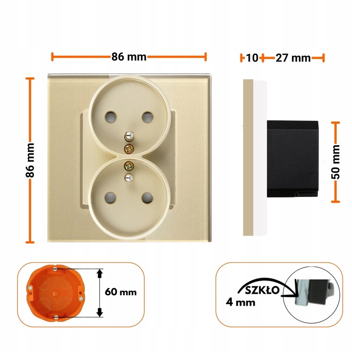 GNIAZDKO GNIAZDO SZKLANE PODWÓJNE GNIAZDKA KONTAKTY ZŁOTE BEŻOWE 1F