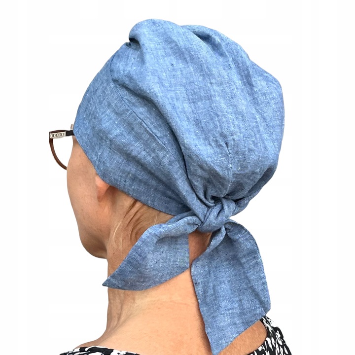 Chusta z daszkiem Tess jeans len czapka marszczona także po chemioterapii