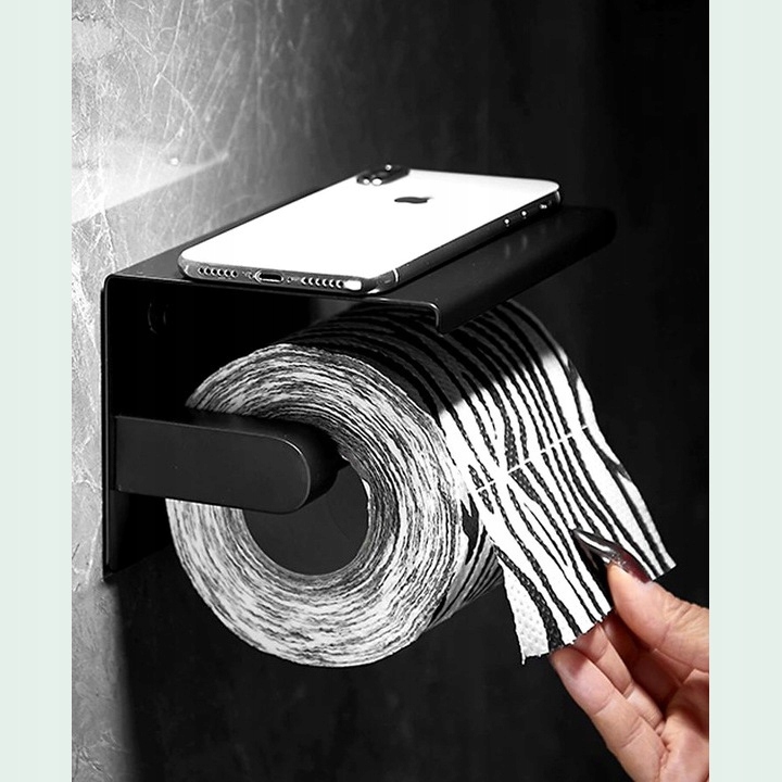 UCHWYT NA PAPIER TOALETOWY Z PÓŁKĄ CZARNY WIESZAK STALOWY ŁAZIENKA DOM WC