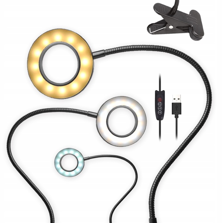 LAMPKA LED BIURKOWA KLIPS DO CZYTANIA USB 3 ODCIENIE ŚWIATŁA REGULACJA 360