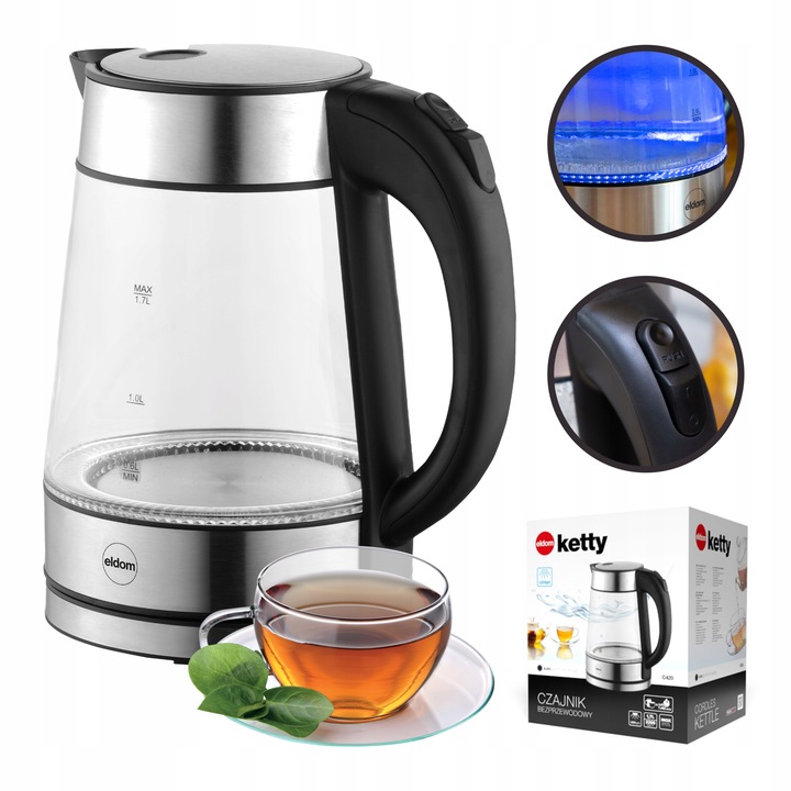 CZAJNIK ELEKTRYCZNY SZKLANY MOCNY 2200W PODŚWIETLANY BEZPRZEWODOWY 1,7 L.