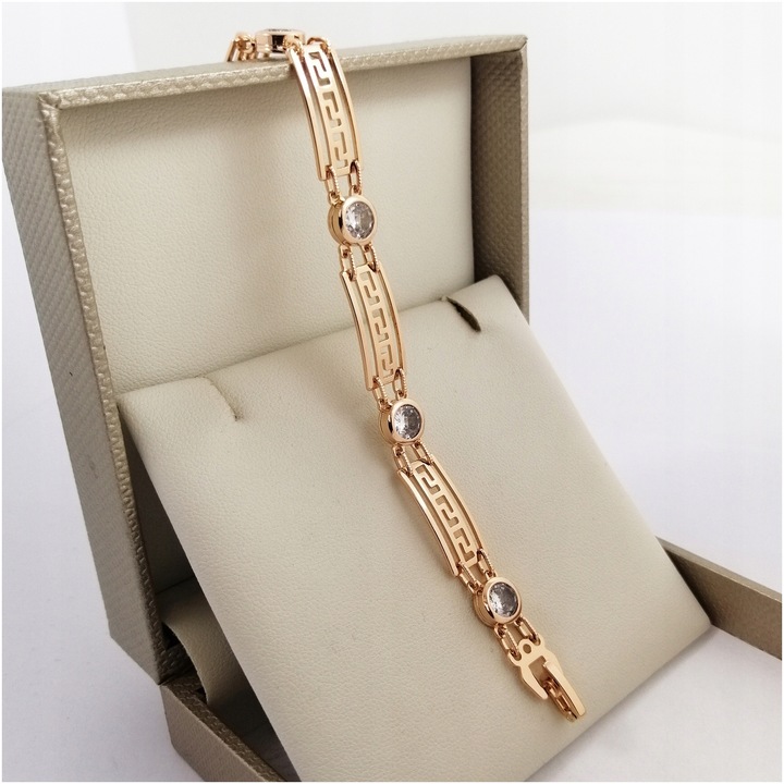 ZŁOTA BRANSOLETKA DAMSKA ZE STALI CHIRURGICZNEJ Z CYRKONIAMI GRECKA+GRATISY