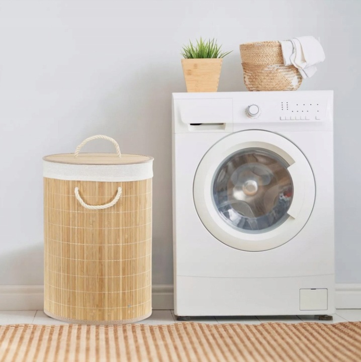 OKRĄGŁY KOSZ NA PRANIE BIELIZNĘ BAMBUSOWY ZAMYKANY SKŁADANY POJEMNY