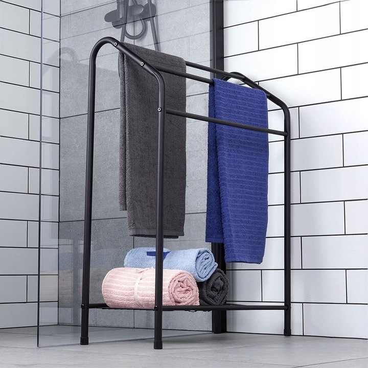 Stojak NA RĘCZNIKI wieszak łazienkowy podłogowy stojący czarny + półka