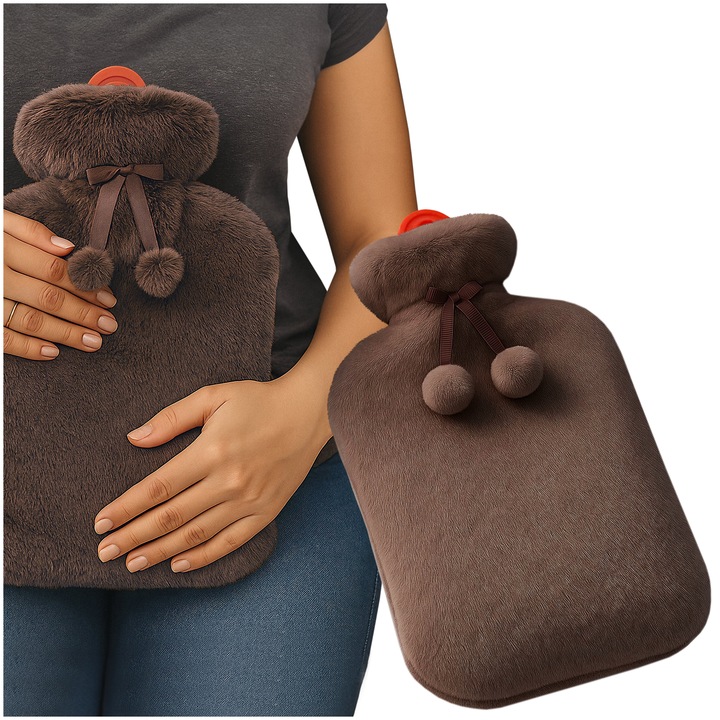 Gumowy termofor duży na wodę w miękkim pluszowym pokrowcu 2l kolor brązowy