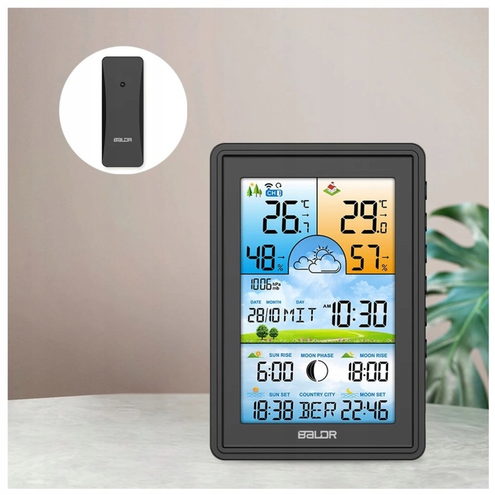 STACJA POGODOWA BALDR BEZPRZEWODOWA BAROMETR TERMOMETR LCD KOLOR
