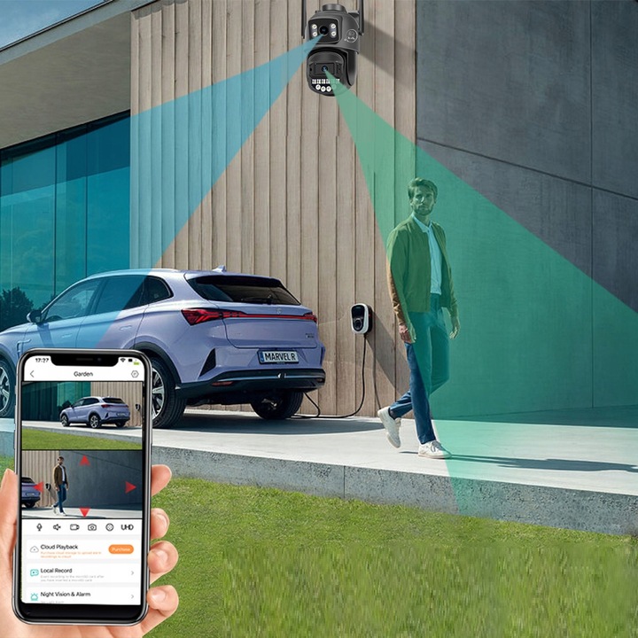 PODWÓJNA KAMERA 2X5MP ZOOM ZEWNĘTRZNA OBROTOWA IP WIFI ALARM DETEKCJA FHD