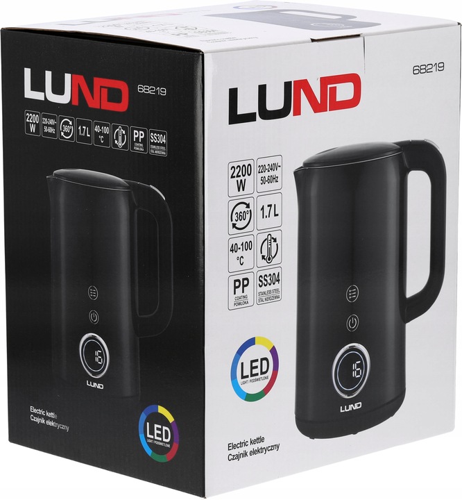 CZAJNIK ELEKTRYCZNY LUND 22000W 1,7L CZARNY Z REGULACJĄ TEMPERATURY 40-100°