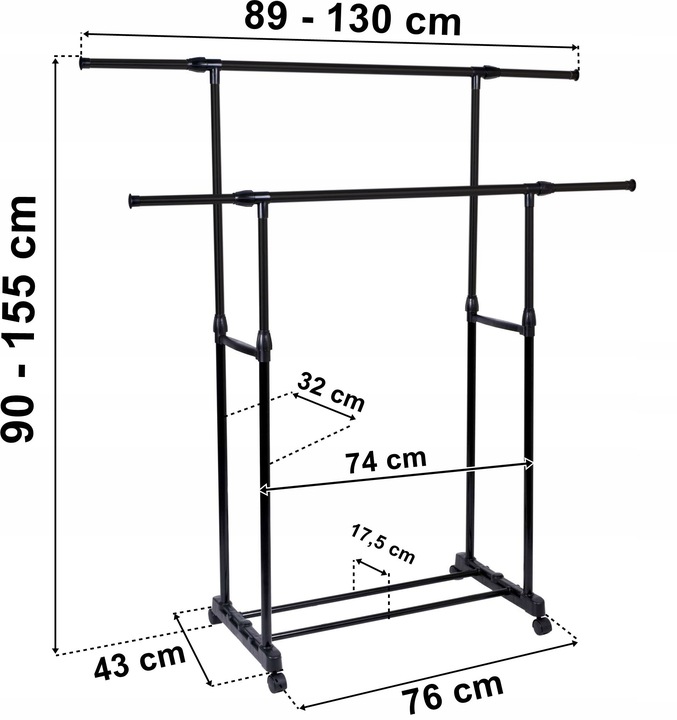 WIESZAK STOJĄCY NA KÓŁKACH PODWÓJNY REGULOWANY WYSUWANY UBRANIA STOJAK