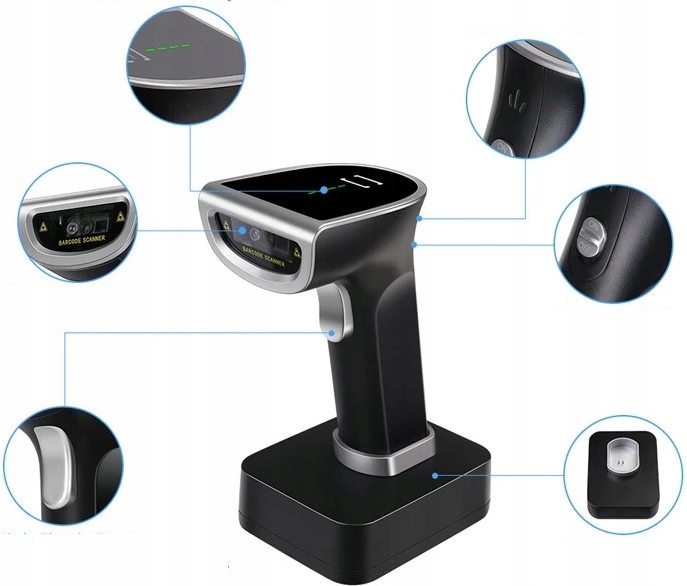 Bezprzewodowy skaner czytnik kodów kreskowych QR 1D 2D z bazą ładującą