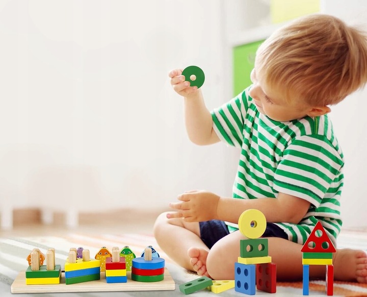 V4 ŁOWIENIE RYBEK SORTER DREWNIANY UKŁADANKA FIGURY 4 WIEŻE WĘDKA RYBKI 2w1