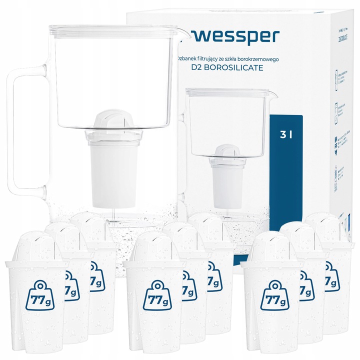 Dzbanek filtrujący szklany Wessper 3l Biały + 10x Filtr aquaclassic