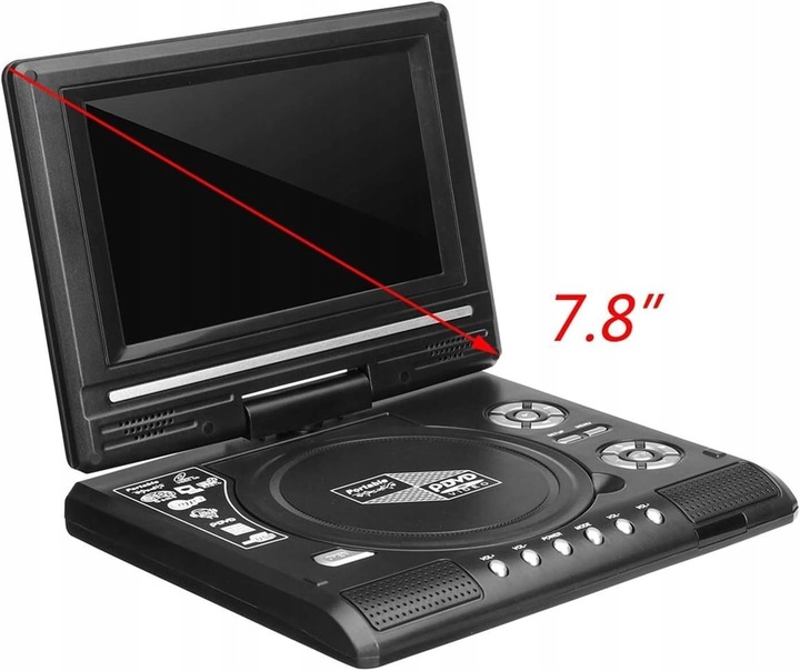 ODTWARZACZ PRZENOŚNY DVD EKRAN SAMOCHODOWY 7,8" INTERFEJS USB