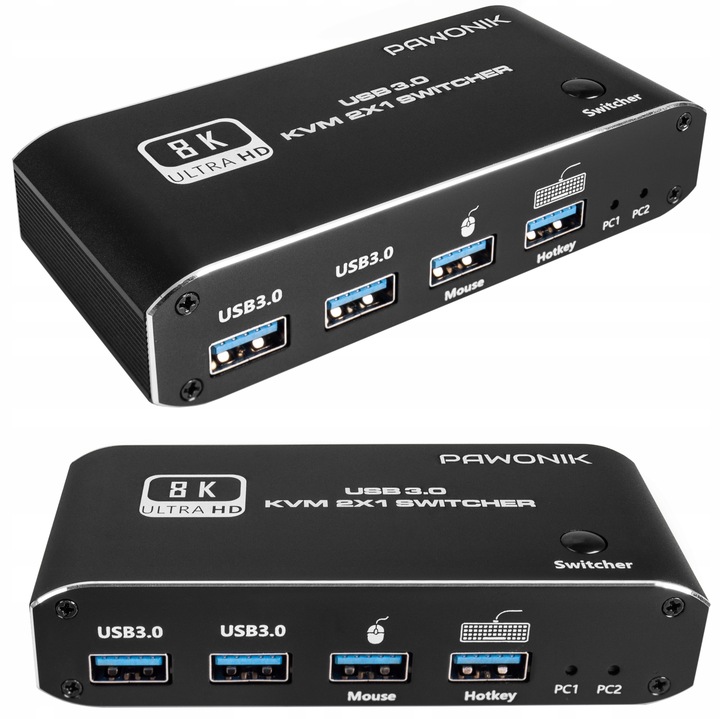 Przełącznik KVM HDMI 2.1 Konsola Switch 4K 120Hz 8K 2 4xUSB 3.0 2xPC 1Ekran
