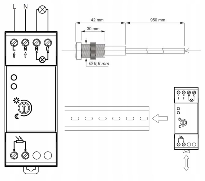 CZUJNIK ZMIERZCHU ZMIERZCHOWY Z SONDĄ ZEWNĘTRZNĄ IP65 3000W NA SZYNĘ