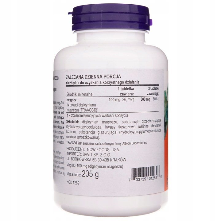 NOW Magnez Glicynate 100 mg Diglicynian Glicynian Magnezu Skurcze 180 tab