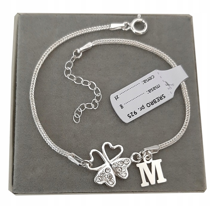 Srebrna bransoletka koniczynka na szczęście LITERKA cyrkonie PUDEŁKO SREBRO