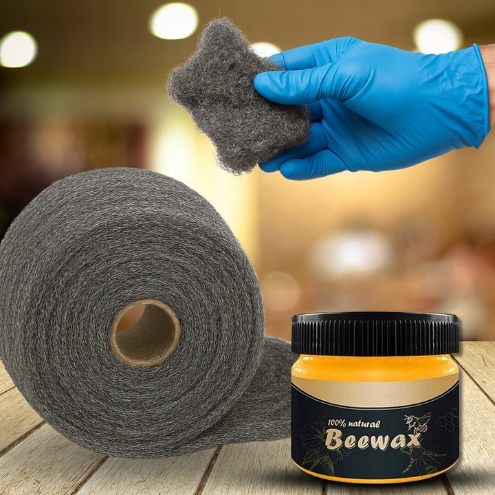 Zestaw do Polerowania Drewna Podłóg Mebli Wosk BeeWax + Wełna Stalowa
