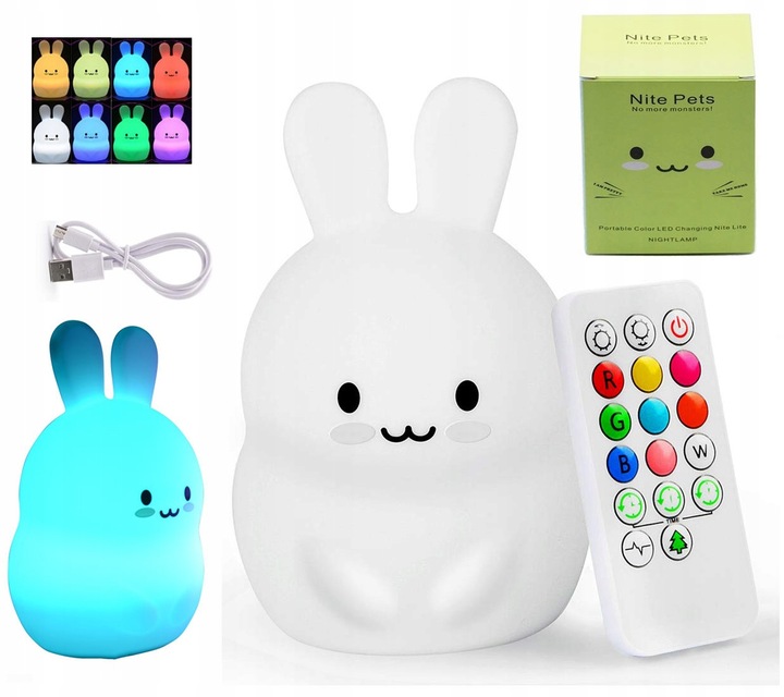 LAMPKA NOCNA KRÓLIK DLA DZIECI KOLOROWA SILIKONOWA z PILOTEM RGB MIĘKKA LED