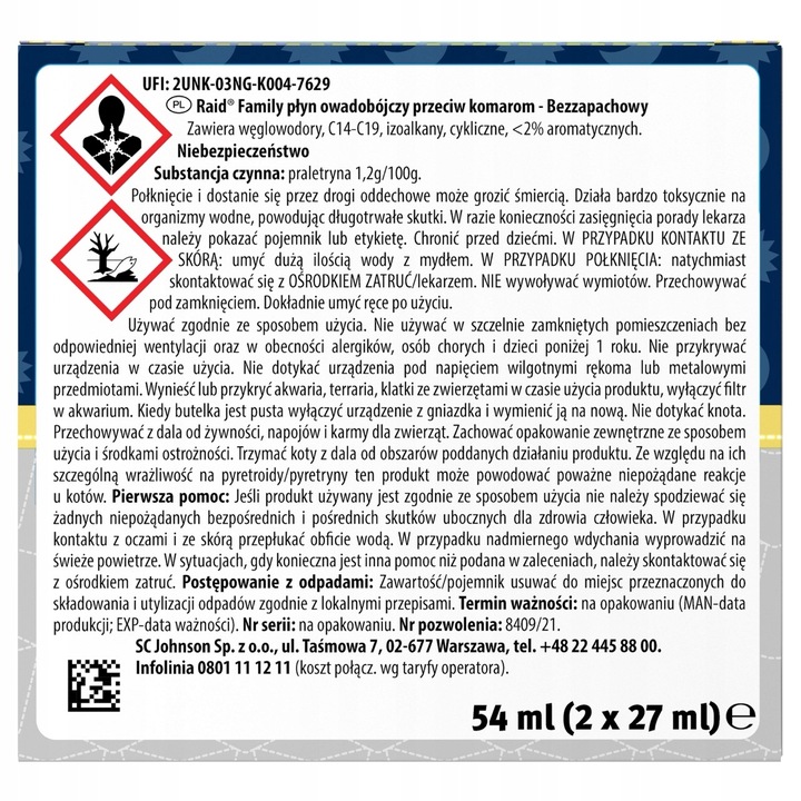 PŁYN NA KOMARY DO ELEKTROFUMIGATORA OWADOBÓJCZY RAID BEZZAPACHOWY 90