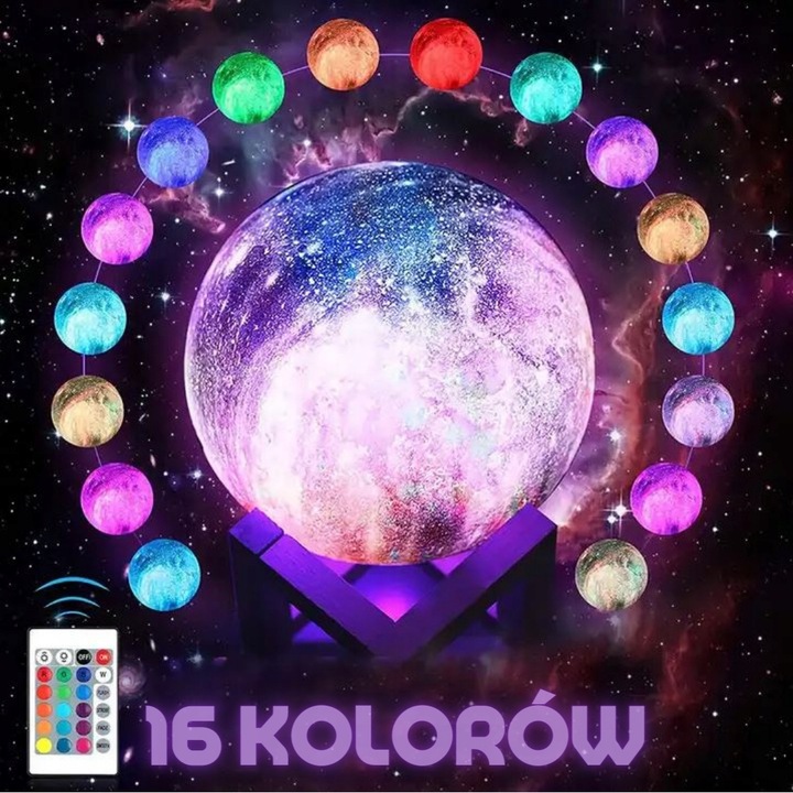 LAMPKA NOCNA LAMPA 3D Księżyc 48cm MOON LIGHT RGB Projektor Gwiazd + pilot