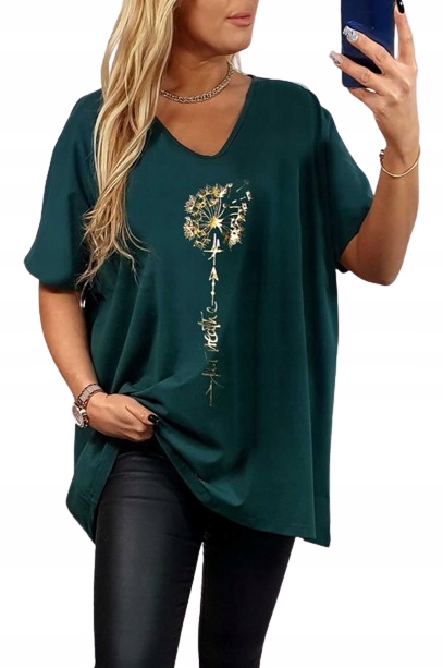 T-SHIRT KOSZULKA BAWEŁNA złoty dmuchawiec V dekolt oversize plus size T32