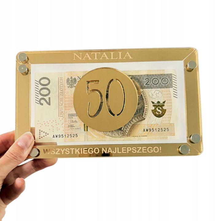 KARTKA KOPERTA PUDEŁKO NA PIENIĄDZE URODZINY IMIĘ + LICZBA ZŁOTA RAMKA