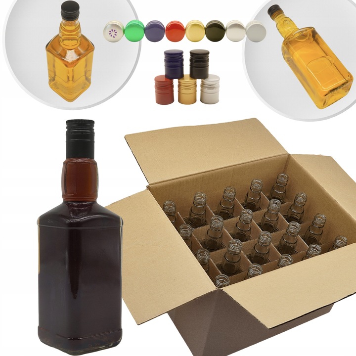 20x Butelki szklane DANIELS 500 ml + ZAKRĘTKI + KRATOWNICA na WHISKY WÓDKĘ