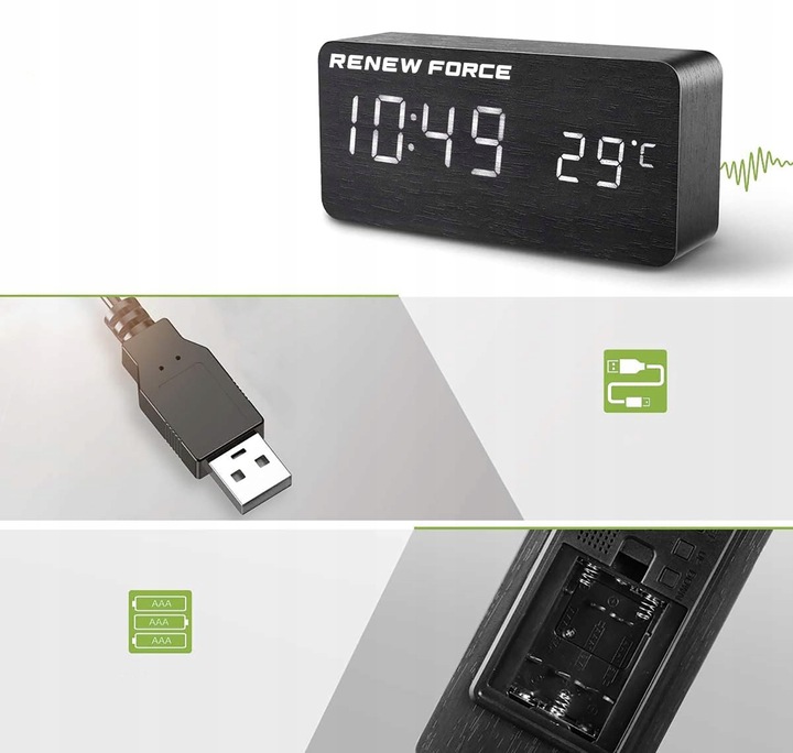 Zegar cyfrowy elektroniczny BUDZIK termometr Z CZUJNIKIEM dźwięku i