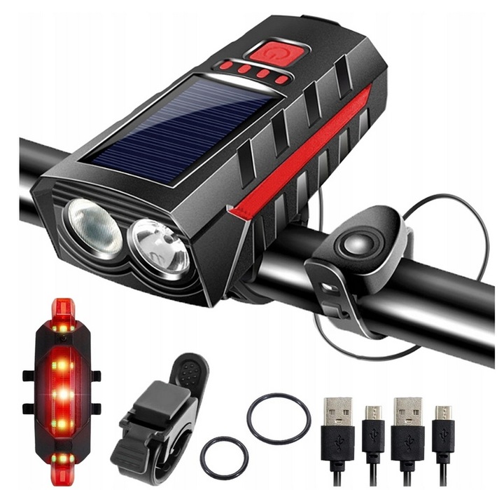 Lampa Rowerowa Lampka Solarna Na Kierownicę USB Zestaw Przód + Tył LED