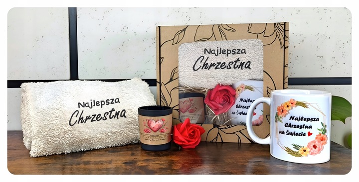 PODZIĘKOWANIE Dla Matki Chrzestnej PIERWSZA KOMUNIA - Ręcznik Kubek Prezent