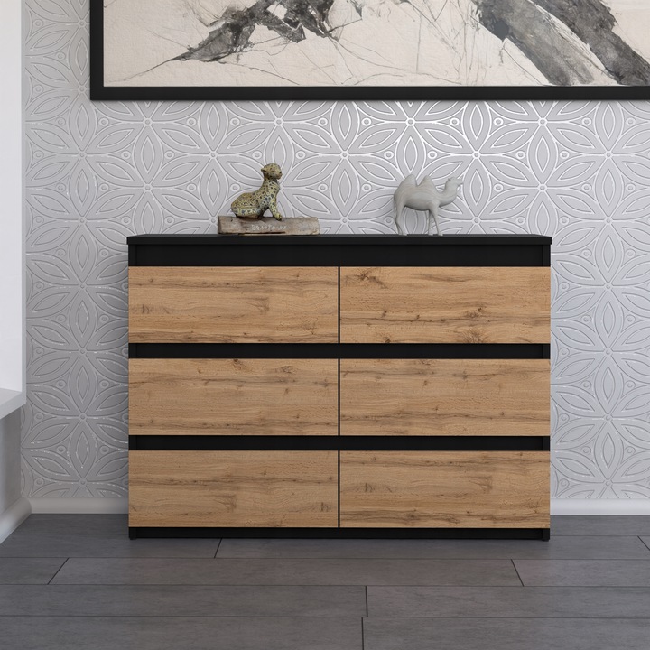 KOMODA Z 6 SZUFLADAMI 100 CM CZARNA DĄB WOTAN POJEMNA SZAFKA RTV LOFT