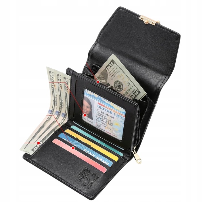 PORTFEL Damski CZARNY Mały Elegancki na Monety Karty Gotówkę Zdjęcie