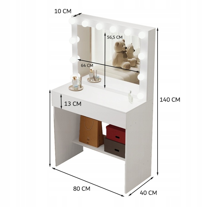 TOALETKA KOSMETYCZNA MAKIJAŻU WIZAŻU Z LUSTREM LED NOWOCZESNA LOFT GLAMOUR